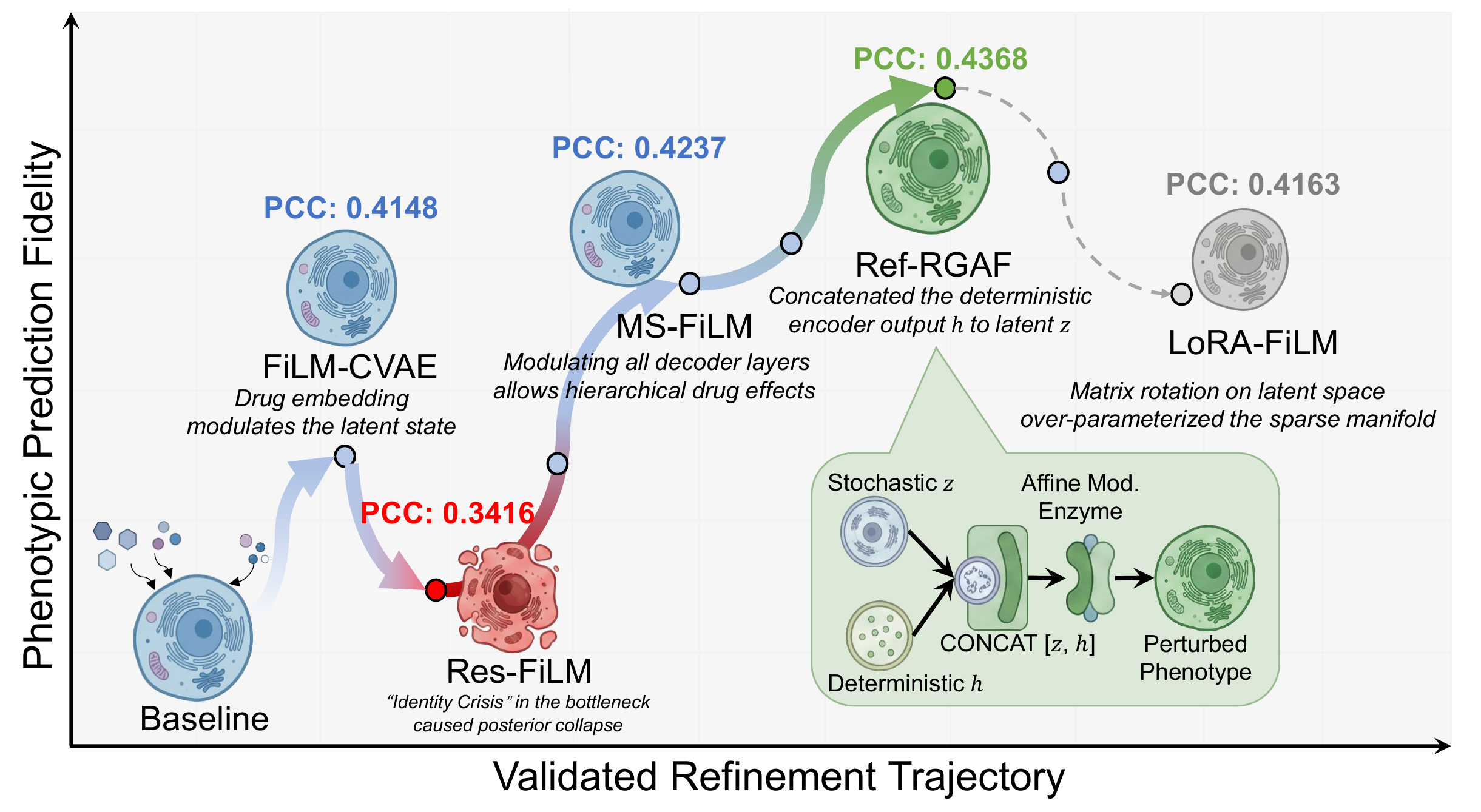 The BBBC047 trajectory includes improvements and regressions, retaining Ref-RGAF at validation PCC 0.4368.